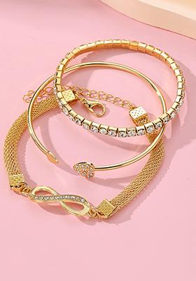 Set Of 3 Gold Plated Cz Studded Infinity And Heart Shaped Stacking Bracelet