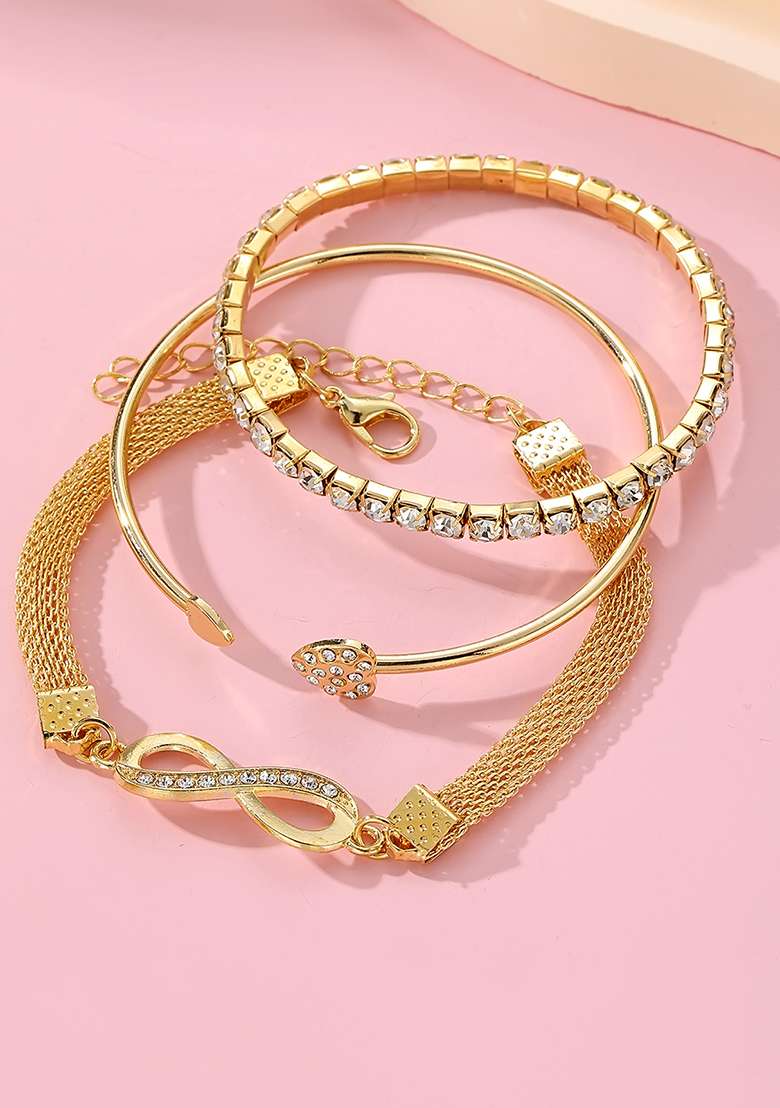 Set Of 3 Gold Plated Cz Studded Infinity And Heart Shaped Stacking Bracelet - Indya