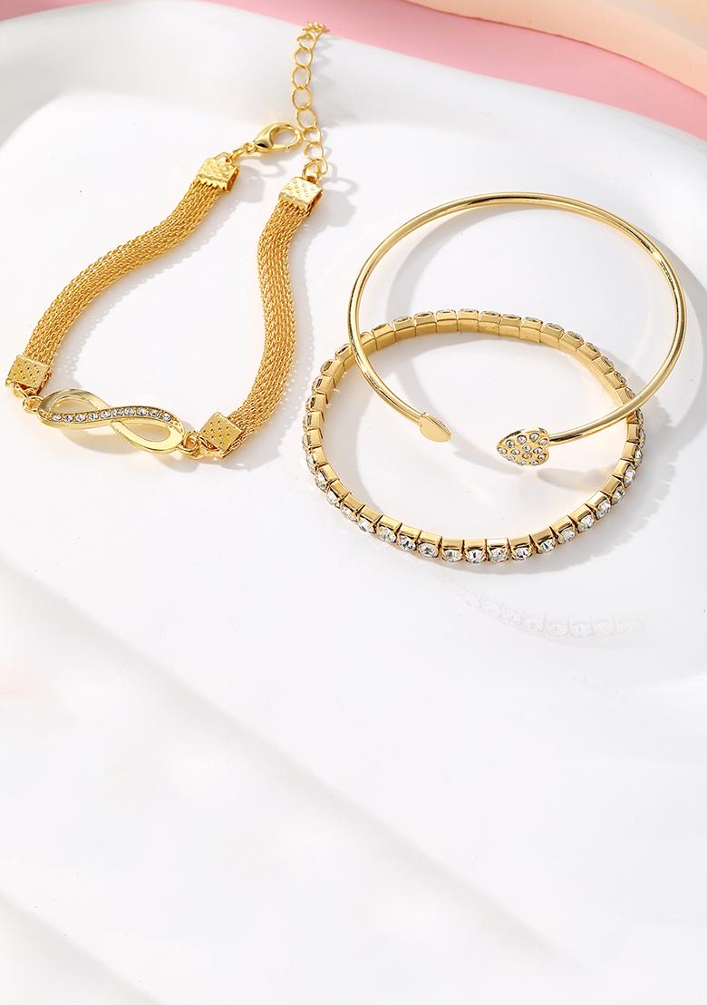 Set Of 3 Gold Plated Cz Studded Infinity And Heart Shaped Stacking Bracelet