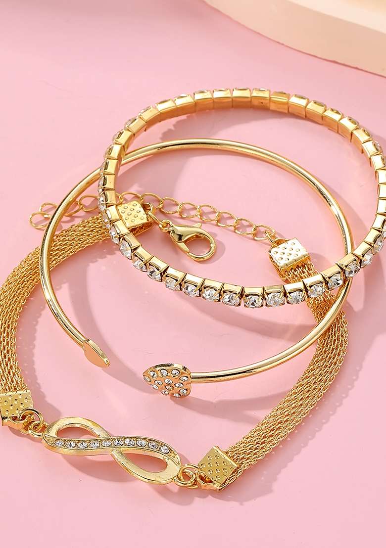 Set Of 3 Gold Plated Cz Studded Infinity And Heart Shaped Stacking Bracelet - Indya