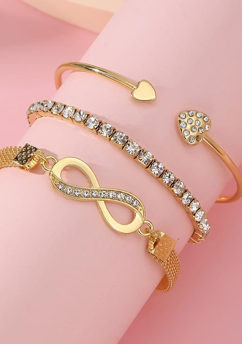 Set Of 3 Gold Plated Cz Studded Infinity And Heart Shaped Stacking Bracelet