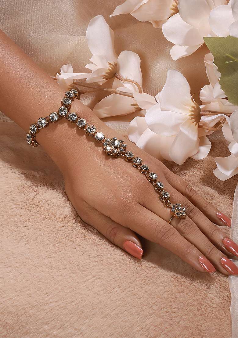 Set Of 2 Gold Plated Kundan Studded Brass Ring Bracelet - Indya