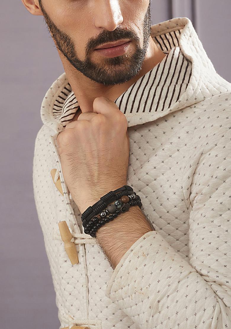 Multi Men Set Of 3 Brass Beaded Wraparound Bracelet