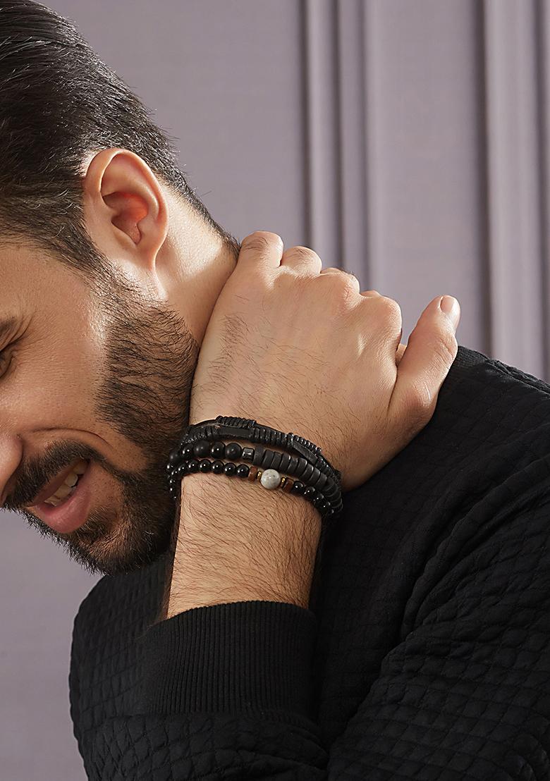 Multi Men Set Of 3 Brass Beaded Elasticated Bracelet