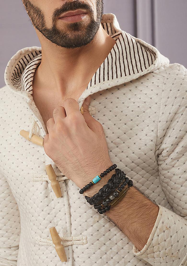 Multi Men Set Of 4 Brass Beaded Wraparound Bracelet