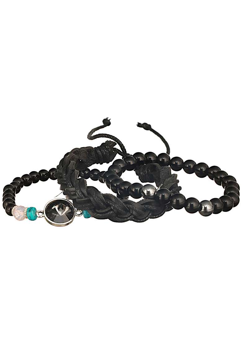 Black Men Set Of 3 Brass Beaded Elasticated Bracelet - Indya