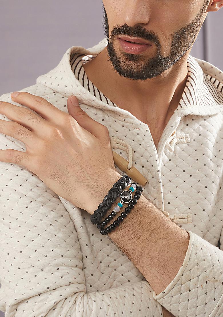 Black Men Set Of 3 Brass Beaded Elasticated Bracelet