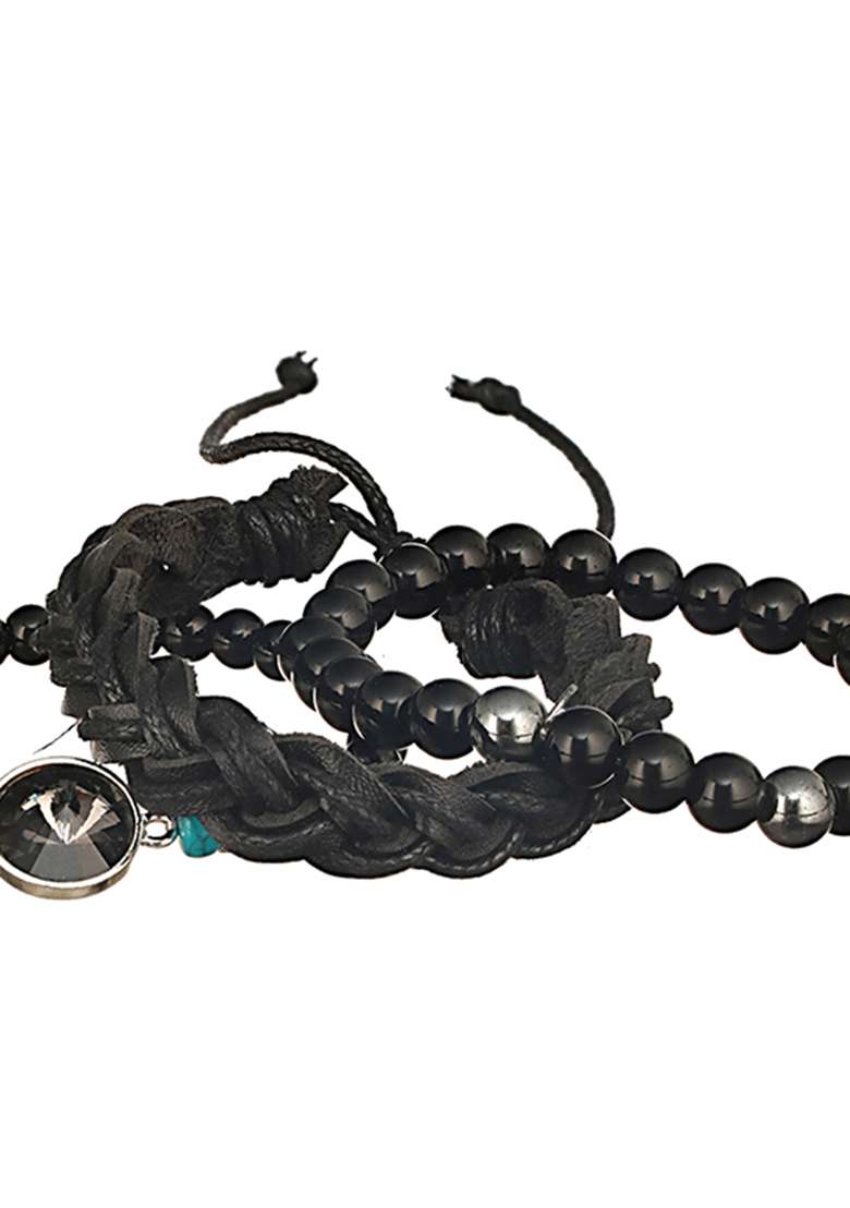 Black Men Set Of 3 Brass Beaded Elasticated Bracelet - Indya