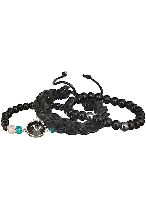 Black Men Set Of 3 Brass Beaded Elasticated Bracelet