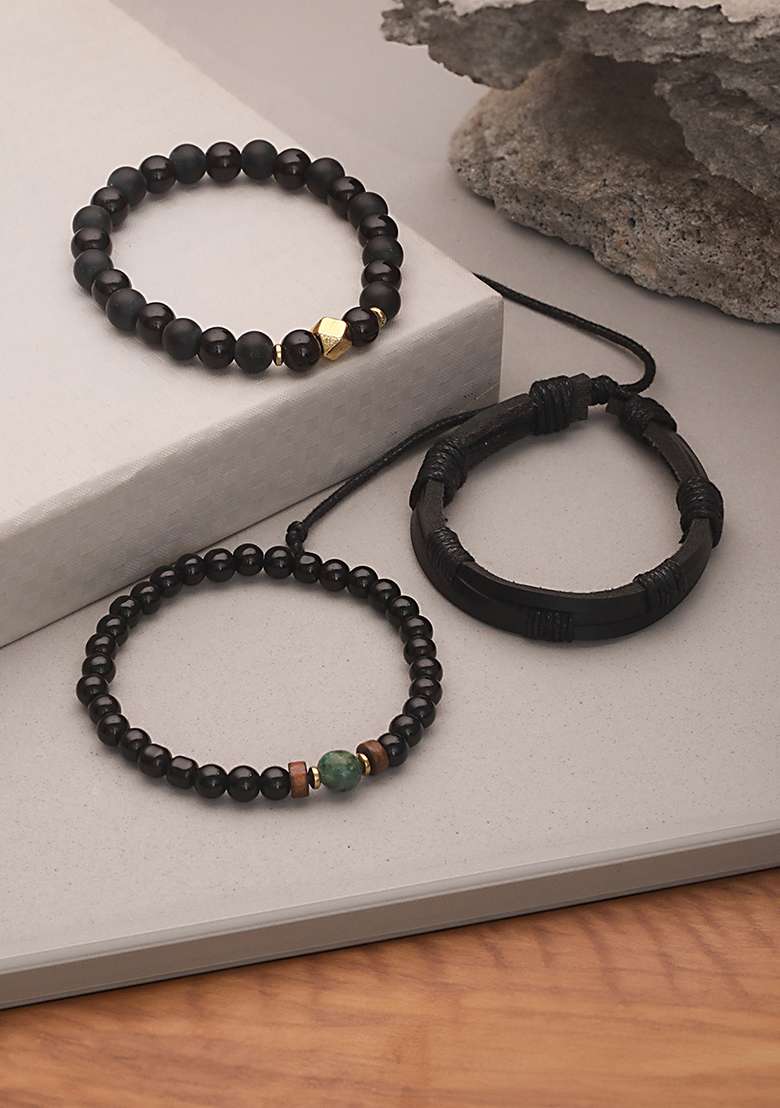 Black Men Set Of 3 Brass Wraparound Bracelet - Indya