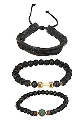 Black Men Set Of 3 Brass Beaded Elasticated Bracelet