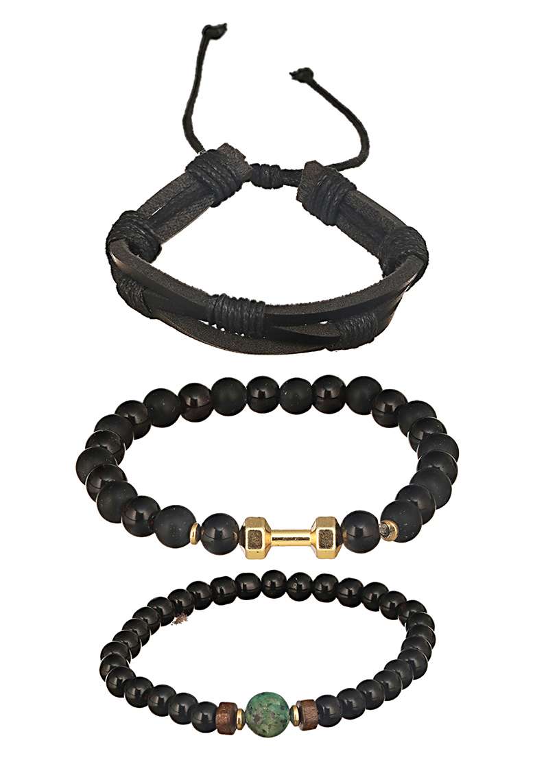 Black Men Set Of 3 Brass Beaded Elasticated Bracelet - Indya