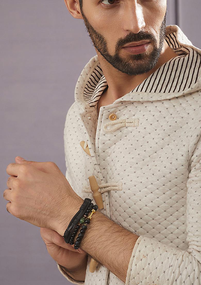 Black Men Set Of 3 Brass Beaded Elasticated Bracelet