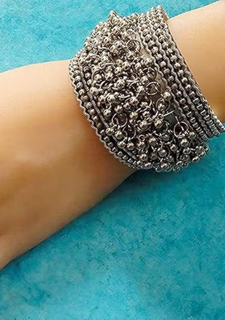 Silver Finish Ghunghroo Cuff Bracelet Pack Of 2 For Women