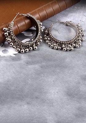 Silver Ghunghroo Cuff Bracelet With Matching Bali For Women