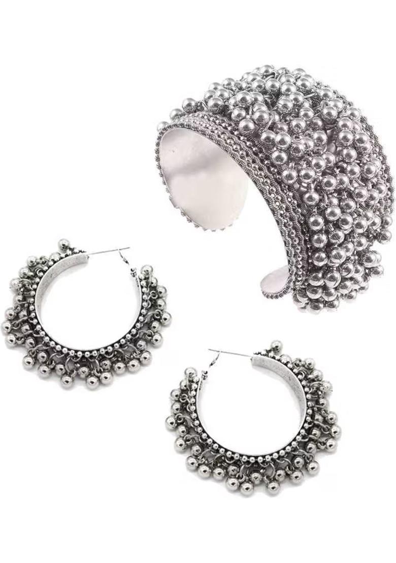 Silver Ghunghroo Cuff Bracelet With Matching Bali For Women
