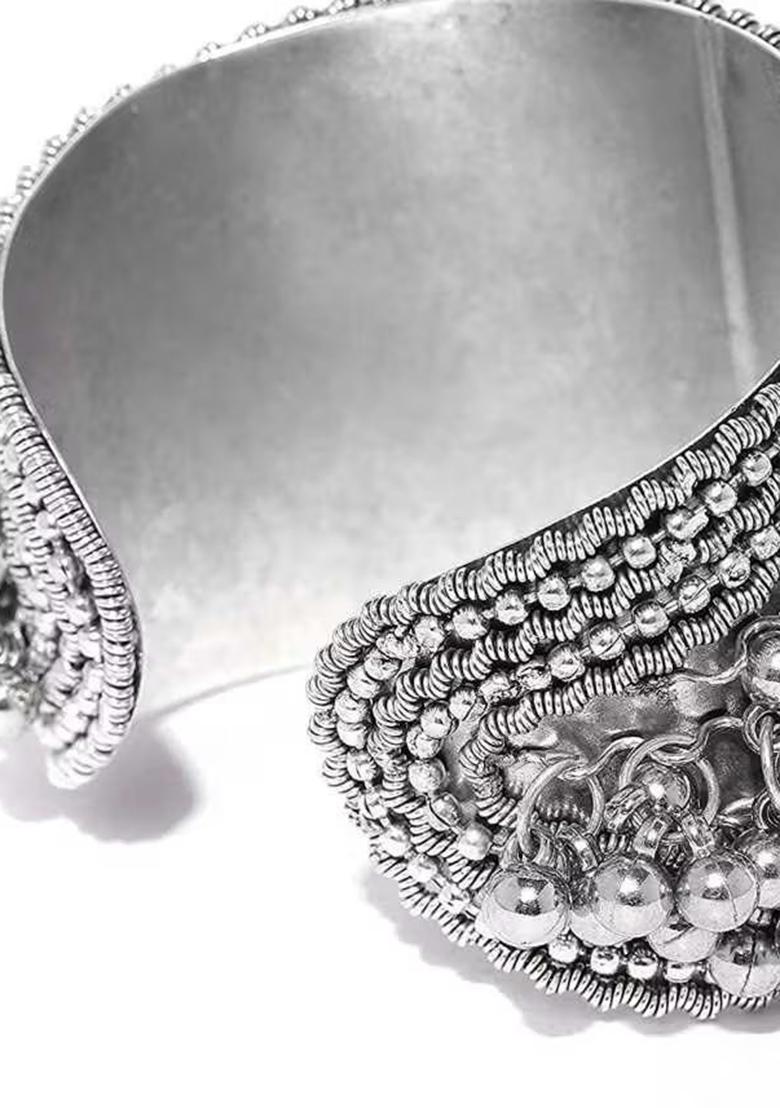 Silver Ghunghroo Cuff Bracelet With Matching Bali For Women