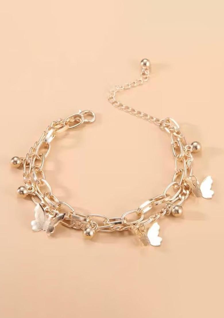 Golden Butterfly Ghunghroo Double Layer Bracelet For Women