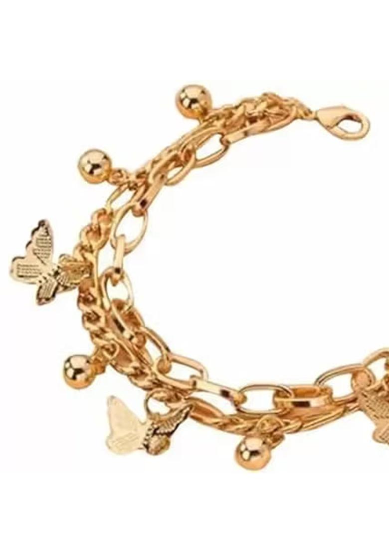 Golden Butterfly Ghunghroo Double Layer Bracelet For Women