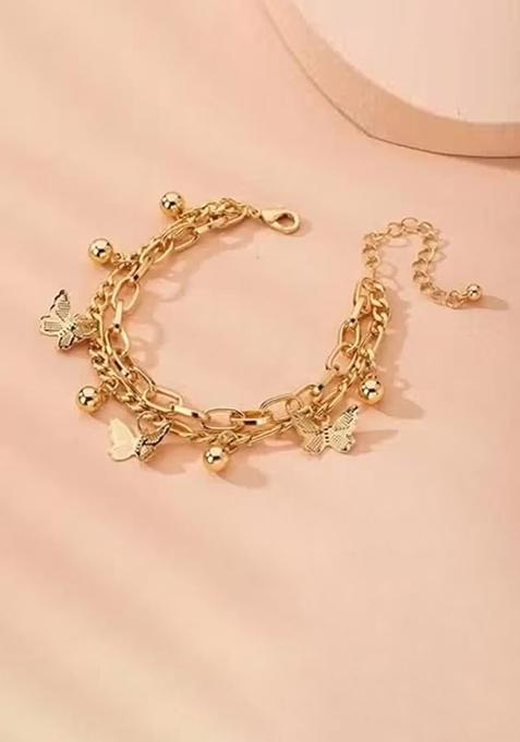 Golden Butterfly Ghunghroo Double Layer Bracelet For Women
