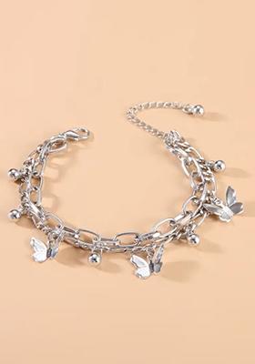 Silver Butterfly Ghunghroo Double Layer Bracelet For Women