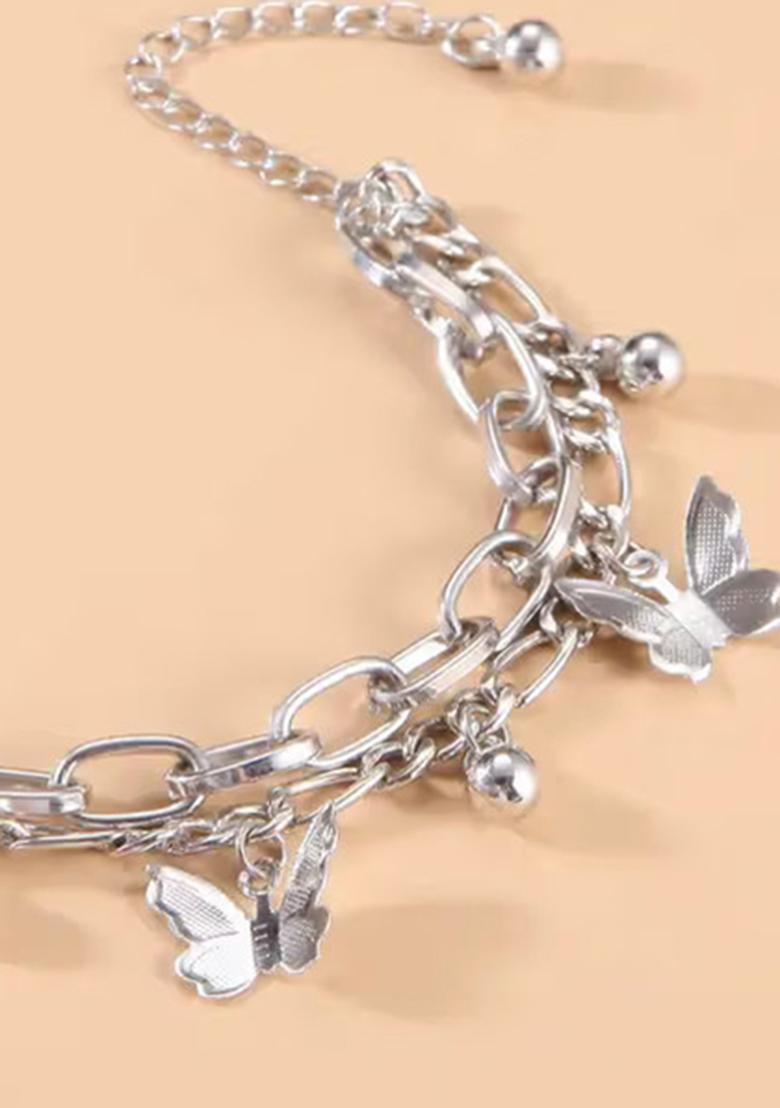 Silver Butterfly Ghunghroo Double Layer Bracelet For Women