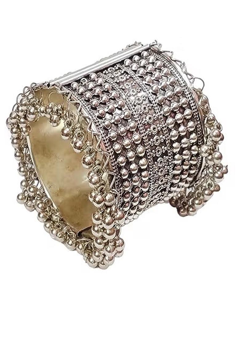 Wide Silver Tone Dotted Design Bracelet For Women