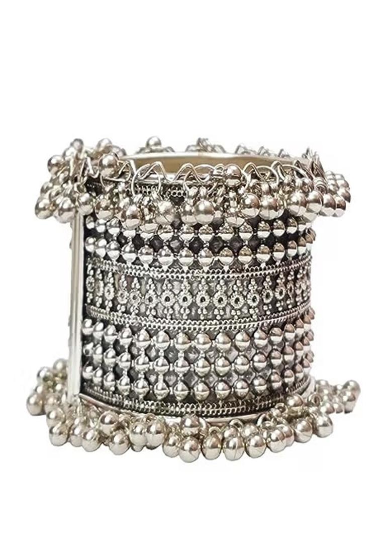 Wide Silver Tone Dotted Design Bracelet For Women