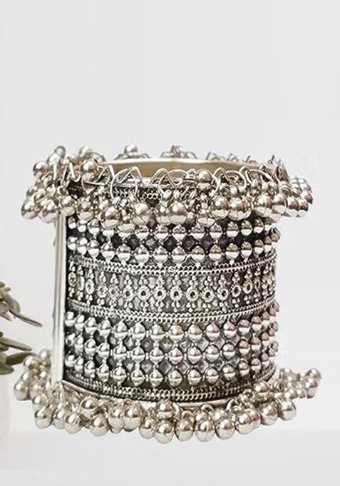 Wide Silver Tone Dotted Design Bracelet For Women