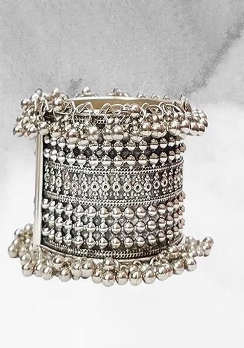 Wide Silver Tone Dotted Design Bracelet For Women