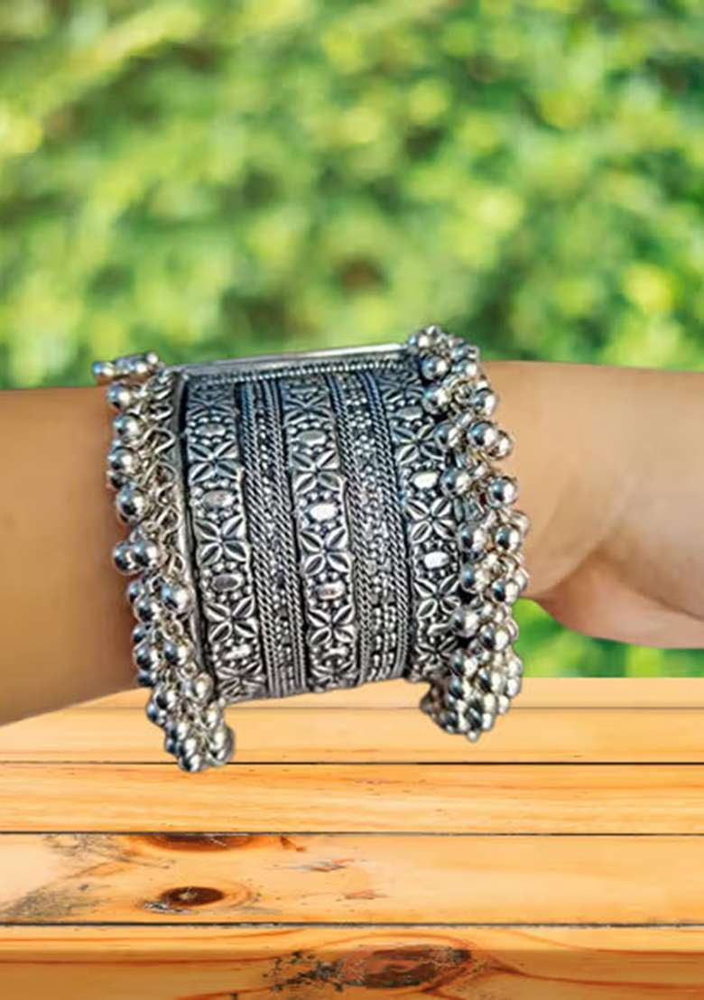 Wide Silver Tone Floral Design Bracelet For Women - Indya