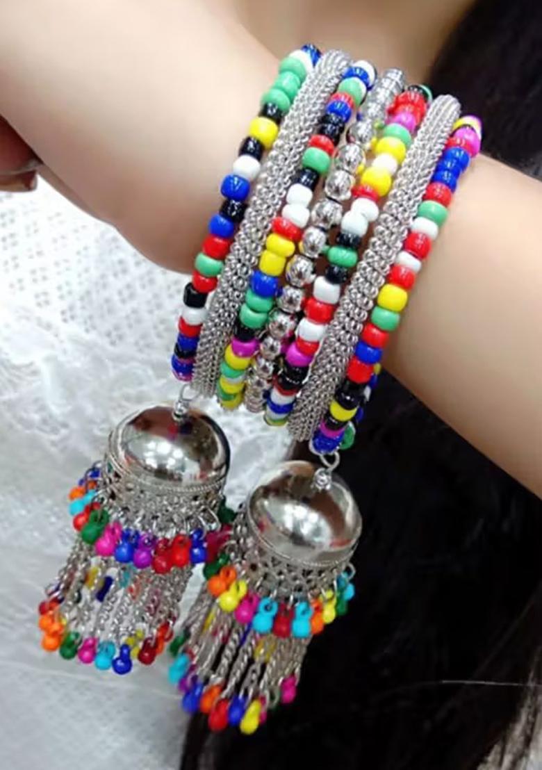 Silver Multi Latkan Charm Statement Bracelet For Women