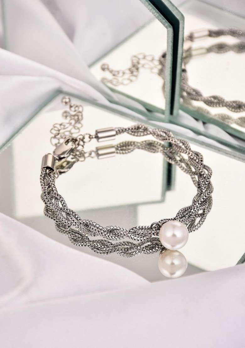 Rhodium Plated Artificial Beaded Link Bracelet - Indya