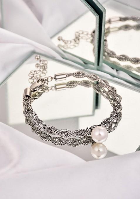 Rhodium Plated Artificial Beaded Link Bracelet