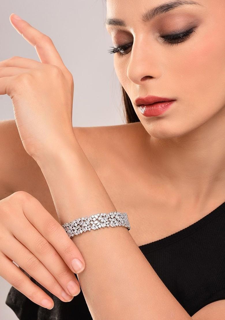 Rhodium Plated Cubic Zirconia Studded Bangle Style Bracelet