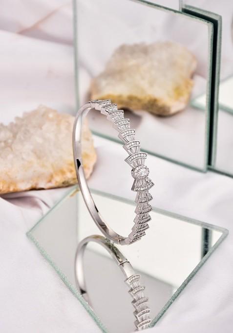 Rhodium Plated American Diamond Studded Bow Shaped Openable Bangle Style Bracelet