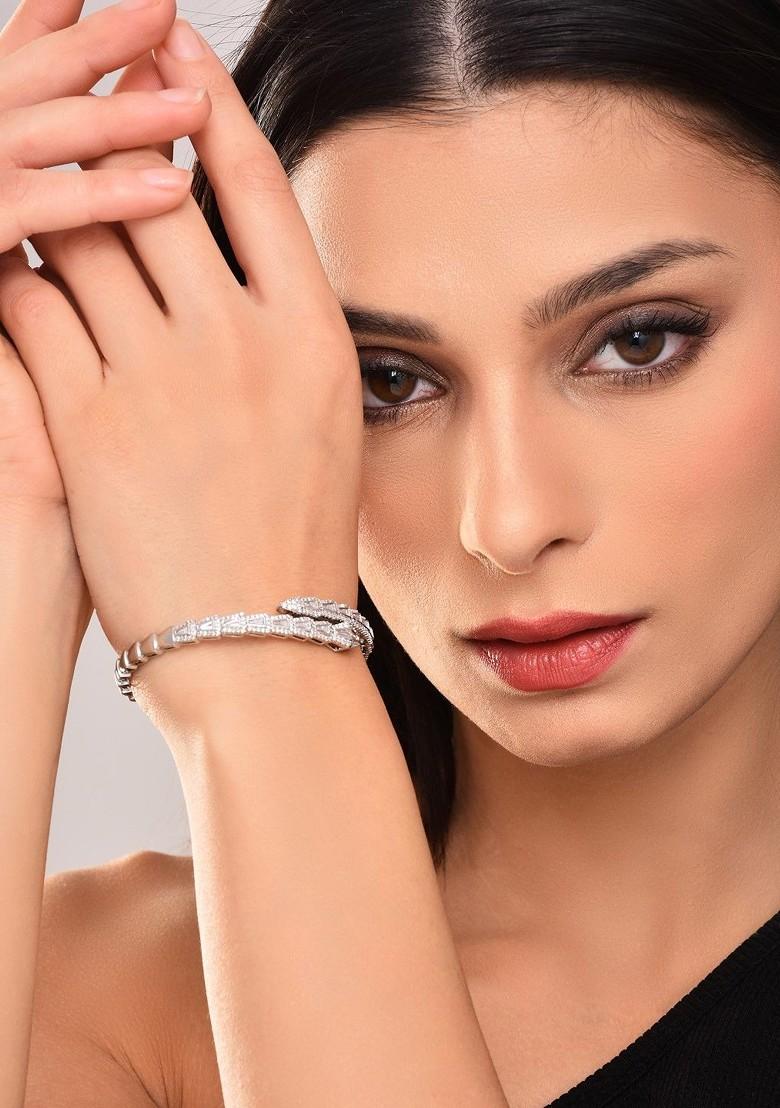 Rhodium Plated Cubic Zirconia Studded Cuff Bracelet