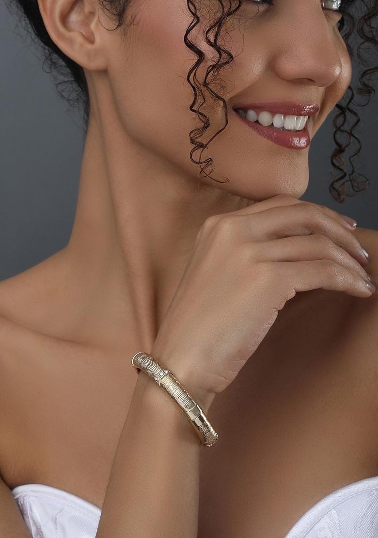 Brushed Gold Plated Artificial Stones Studded Bangle Style Bracelet