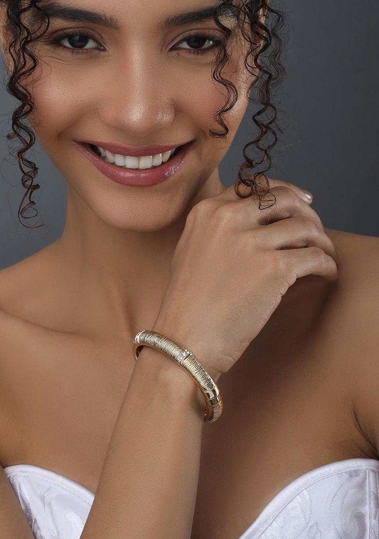 Brushed Gold Plated Artificial Stones Studded Bangle Style Bracelet