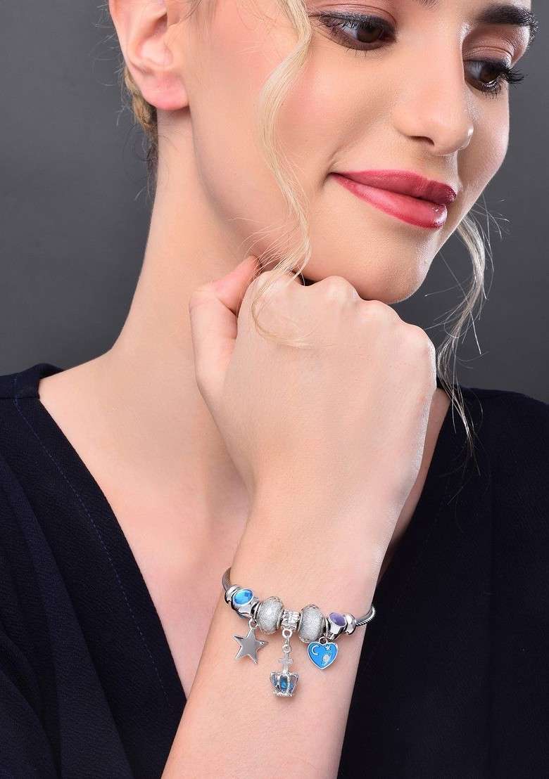 Silver Plated Artificial Stones Charm Bracelet - Indya