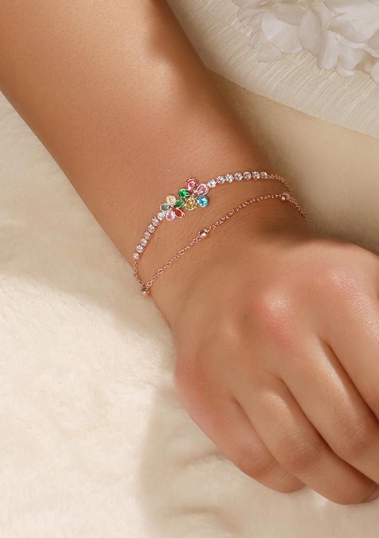 Women Brass Cubic Zirconia Rose Gold Plated Link Bracelet