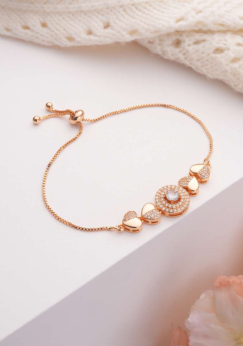 Women Brass Cubic Zirconia Rose Gold Plated Link Bracelet - Indya
