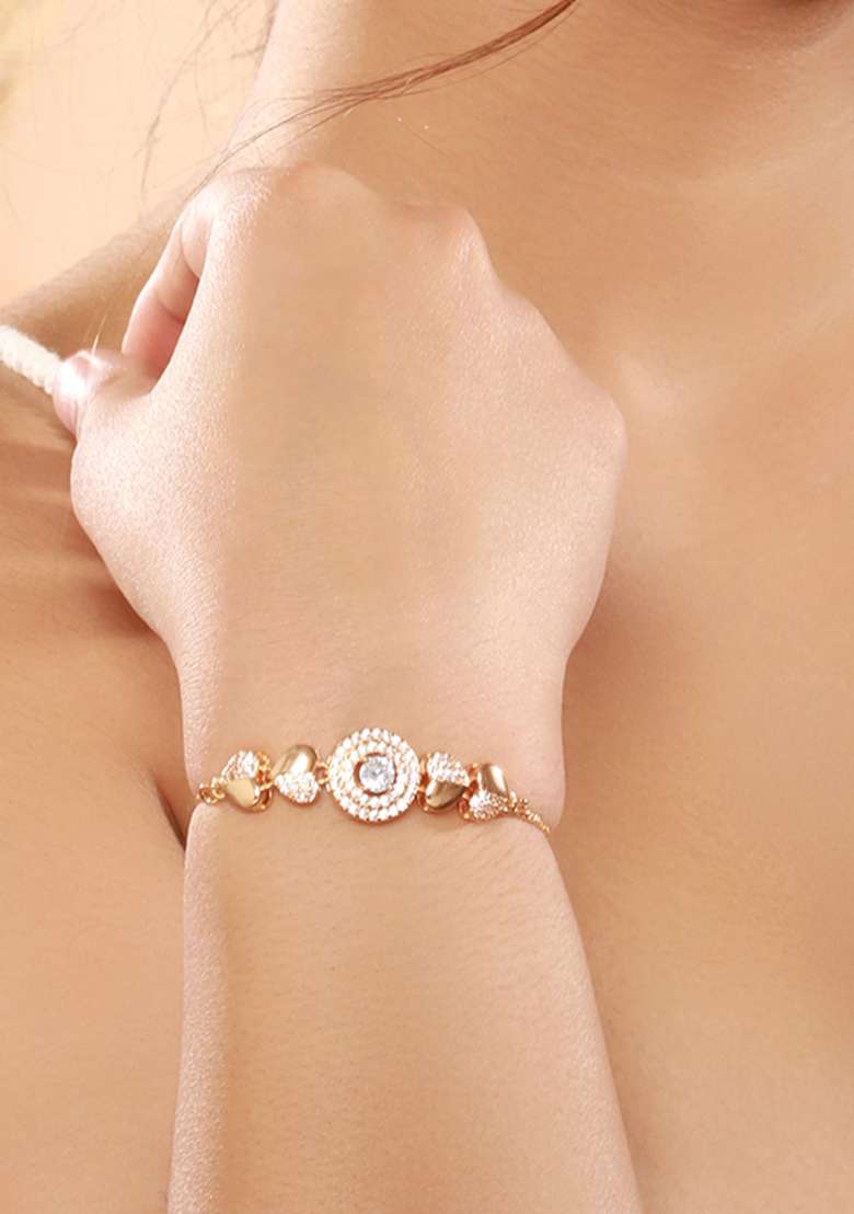 Women Brass Cubic Zirconia Rose Gold Plated Link Bracelet - Indya