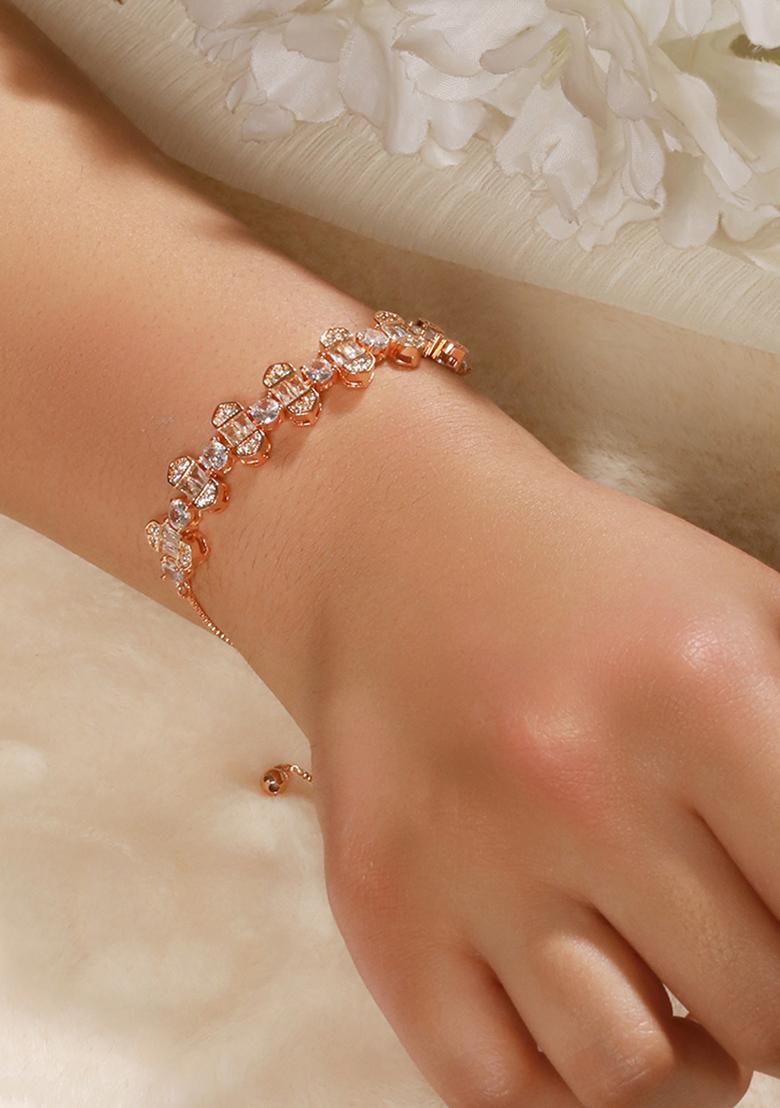 Women Brass Cubic Zirconia Rose Gold Plated Link Bracelet