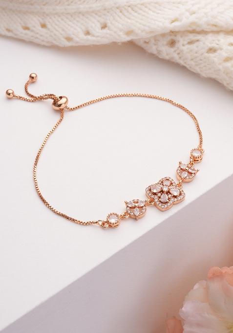 Women Brass Cubic Zirconia Rose Gold Plated Link Bracelet