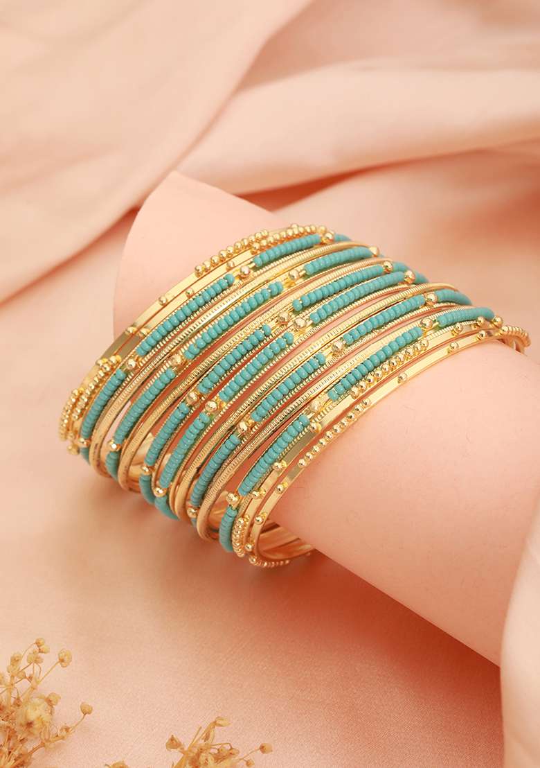 Set Of 12 Gold Plated Stone Studded And Beaded Bangles - Indya