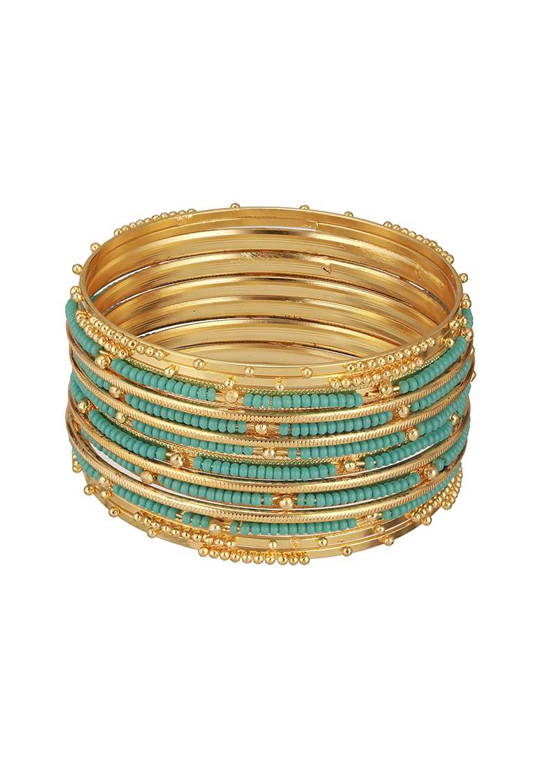 Set Of 12 Gold Plated Stone Studded And Beaded Bangles - Indya
