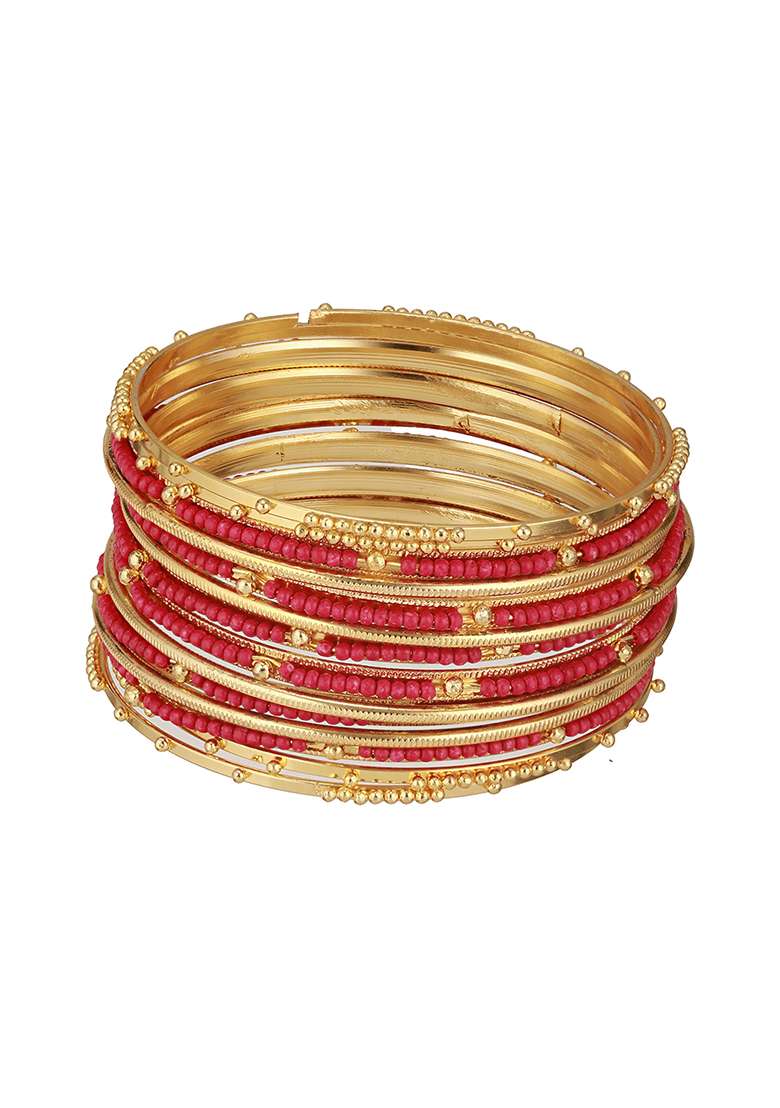 Set Of 12 Gold Plated Stone Studded And Beaded Bangles - Indya
