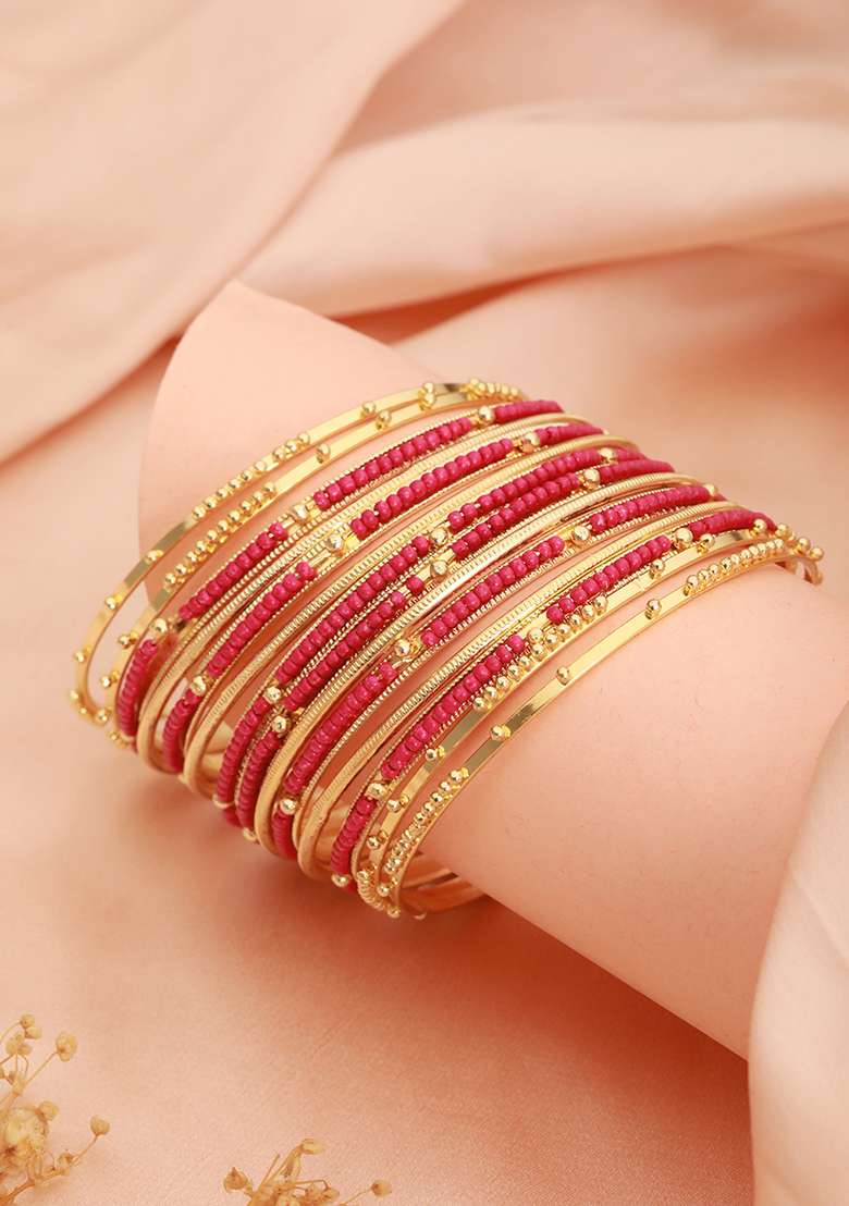 Set Of 12 Gold Plated Stone Studded And Beaded Bangles - Indya