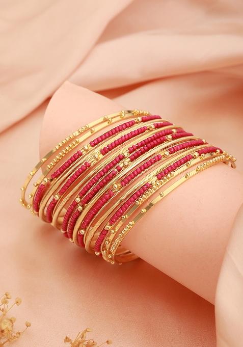 Set Of 12 Gold Plated Stone Studded And Beaded Bangles